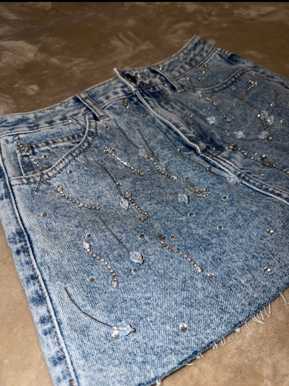 Forever 21 Light Wash Blue Denim Mini Skirt with Rhinestone Detail